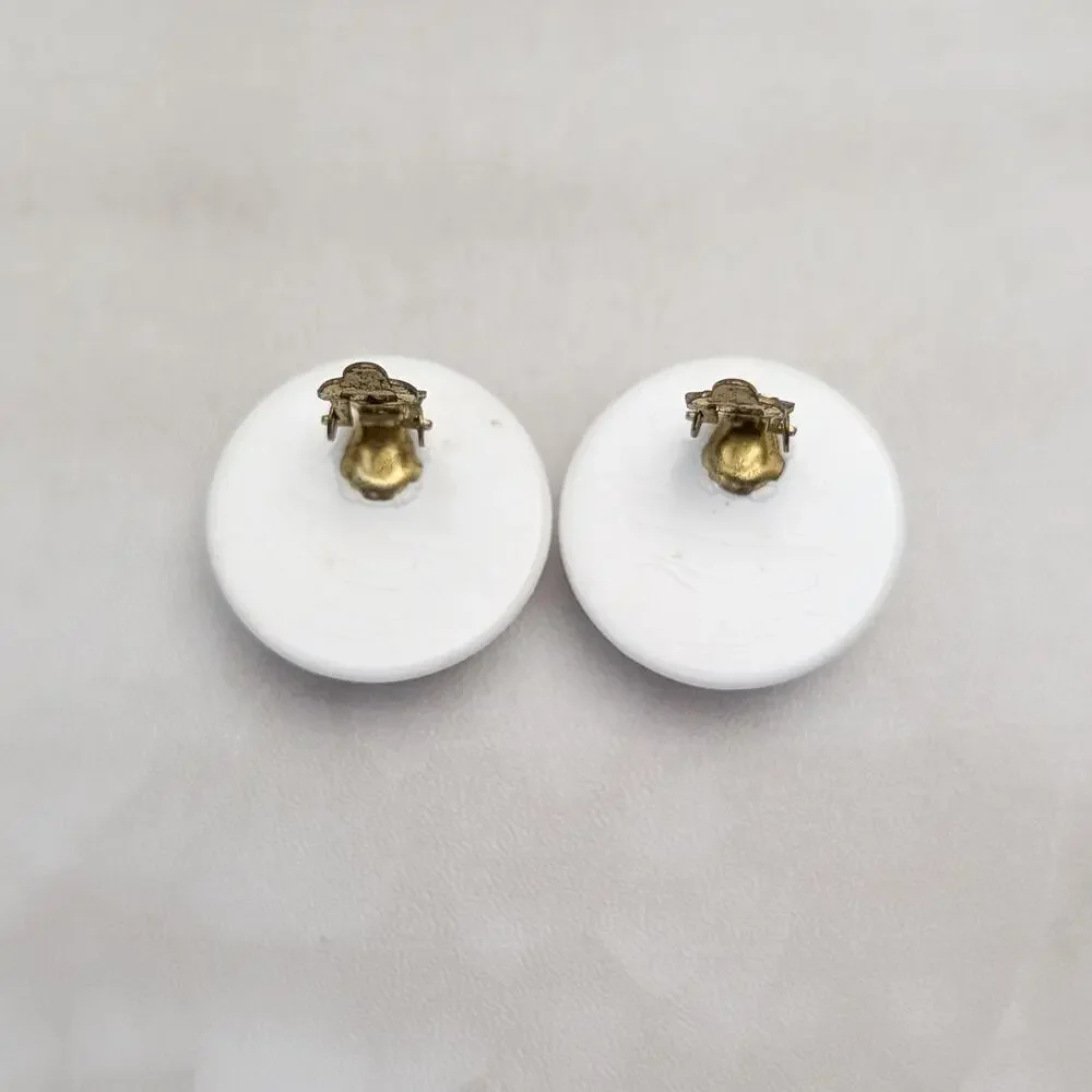 Vintage Clip On Earrings Large Domed Green and White Circle Retro Statement